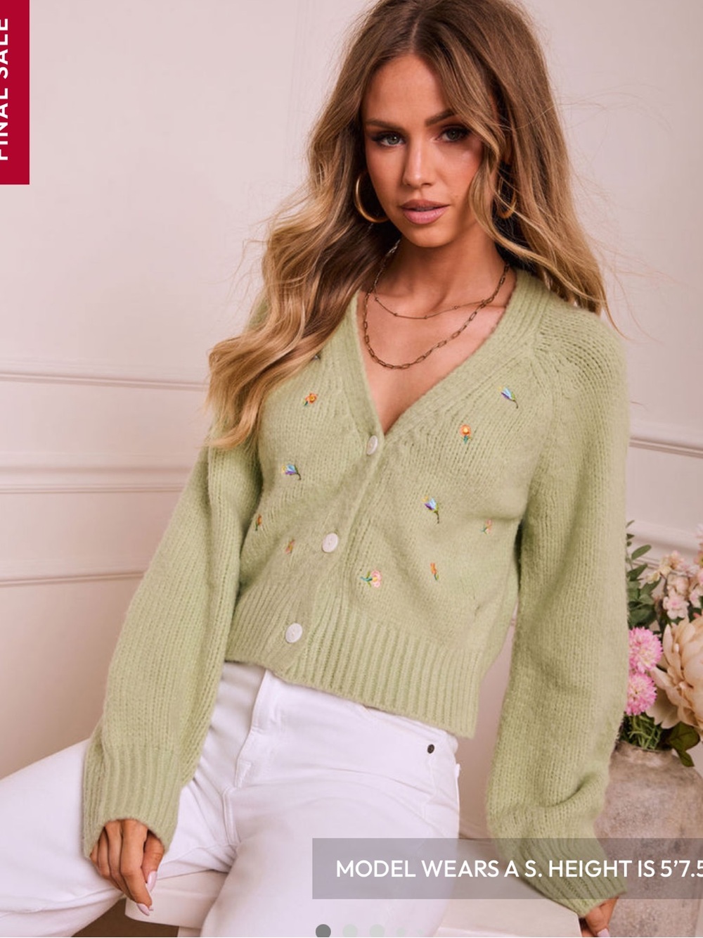 English Factory Light Green Embroidered V-Neck Cardigan Sweater